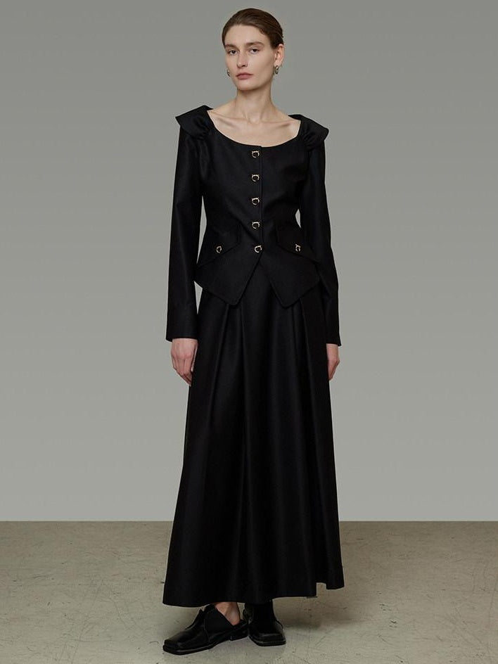 unspoken Slim Long Sleeve Square Neck Button Crop Top High Waist Black Top & Skirt Sets