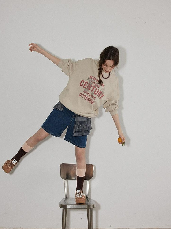 Lofi choose Oversized Letter Print Crewneck Pullover Commuter Style Women Oatmeal Sweatshirt