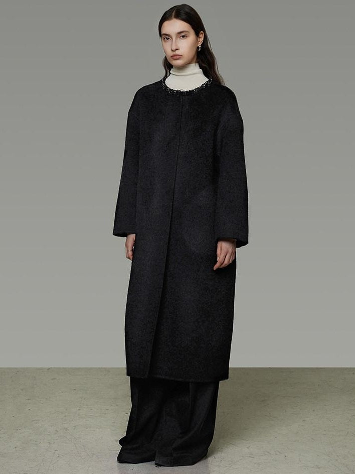 unspoken Heavyweight Lambswool Blend Minimal Commuter Loose Longline Black Wool Coats