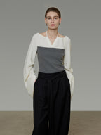 unspoken Breathable Cotton Contrast V-neck Loose Longsleeve Tie Front Women Blouses