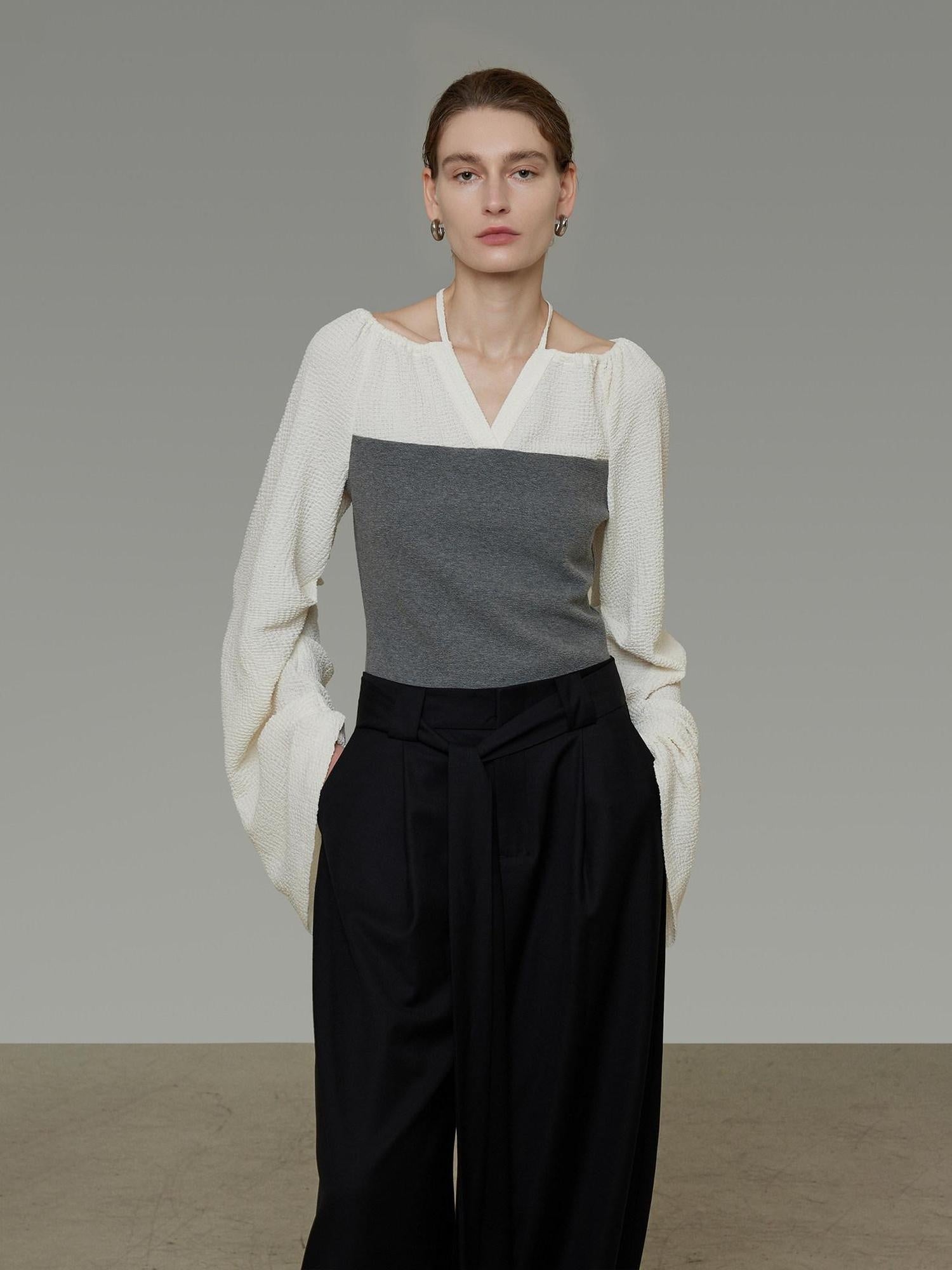 unspoken Breathable Cotton Contrast V-neck Loose Longsleeve Tie Front Women Blouses