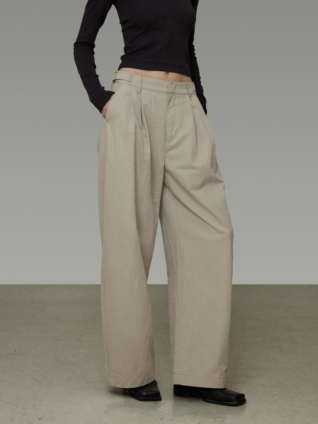 unspoken Pleated Natural Waist Minimalist Loose Women Khaki Zipper Wide Leg Pants
