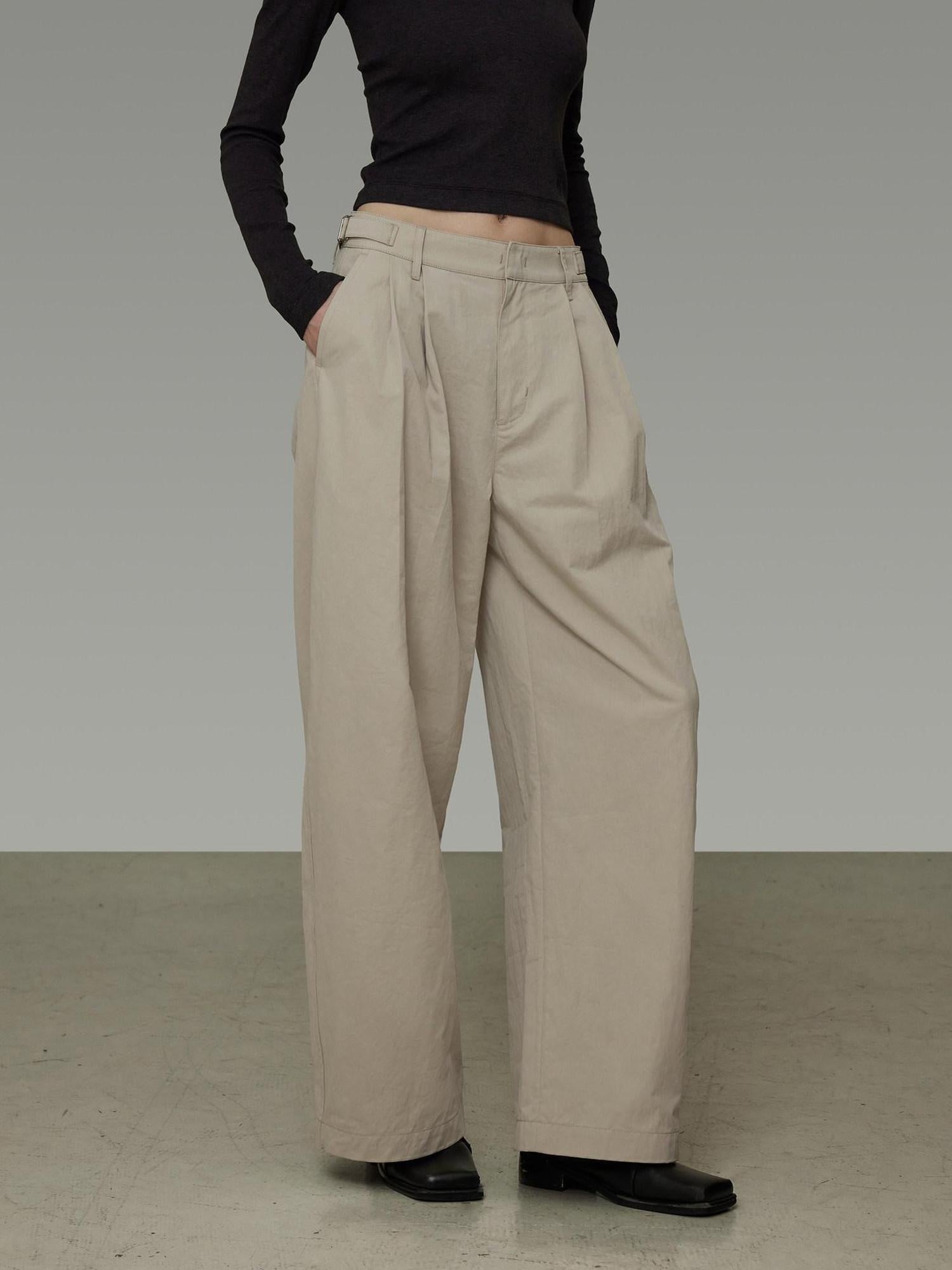 unspoken Pleated Natural Waist Minimalist Loose Women Khaki Zipper Wide Leg Pants