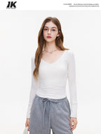 ikyou Breathable V-neck Slim White Pullover Women Cropped Long Sleeve Crop Tops
