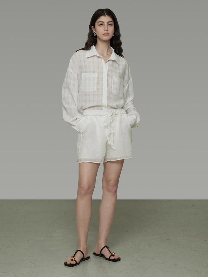 unspoken Pure Ramie Tie Waist Straight Leg Minimal Workwear Women White Mid-Length Shorts