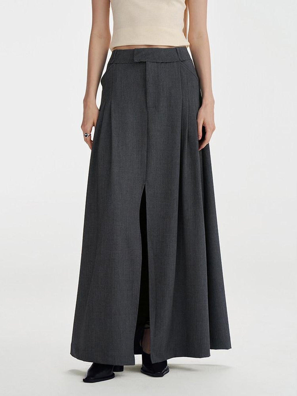 someone sometimes Pleated High Slit Mid Waist Office A Line Women Polyester Rayon Maxi Skirts