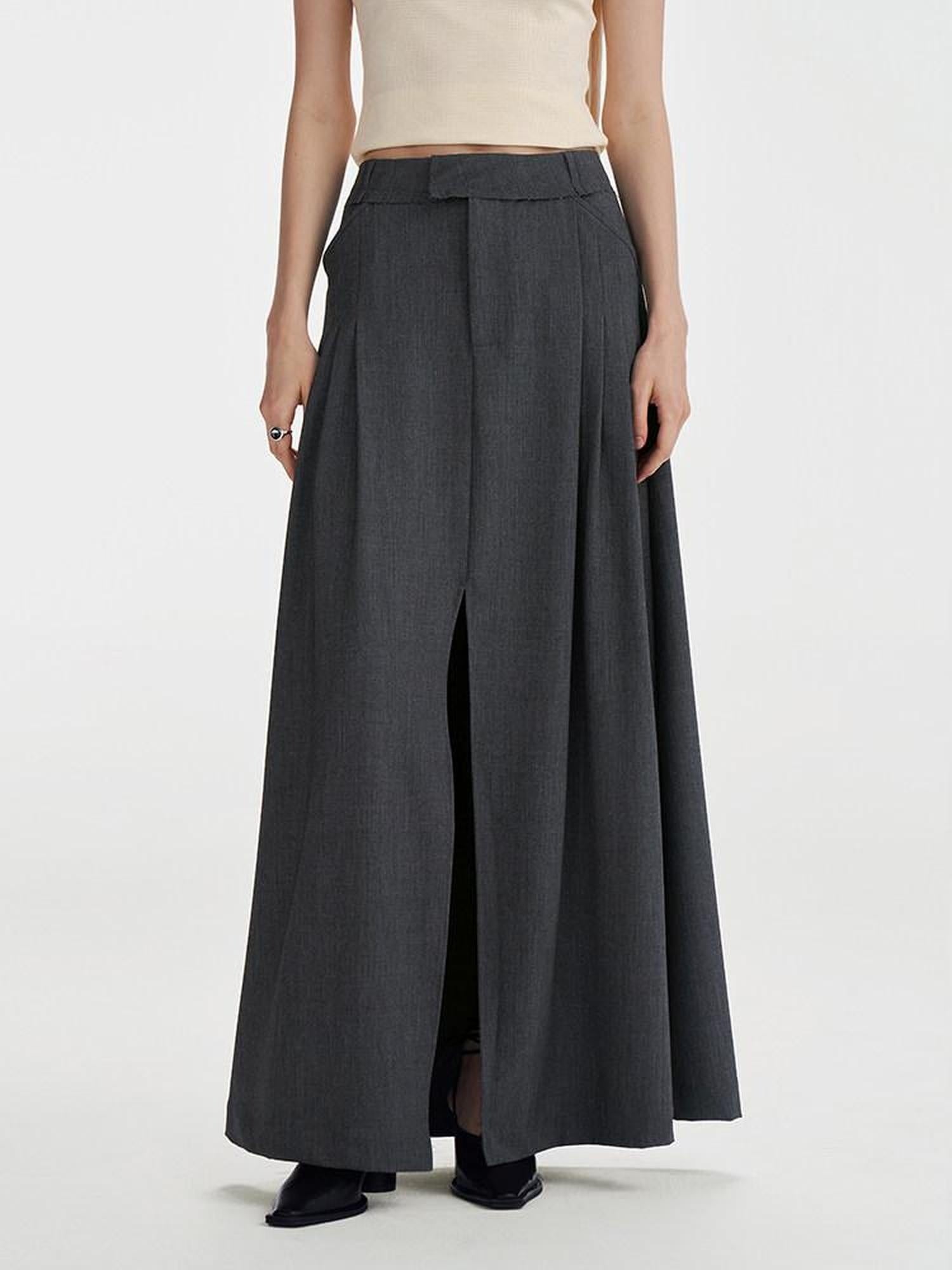 someone sometimes Pleated High Slit Mid Waist Office A Line Women Polyester Rayon Maxi Skirts