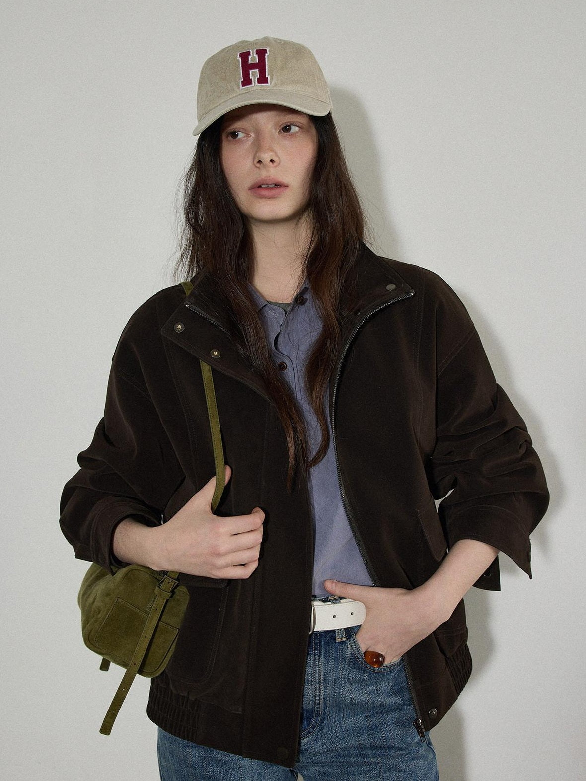 Lofi choose Zip Front Loose Fit Commuter Office Long Sleeve Dark Brown Women Cropped Jackets