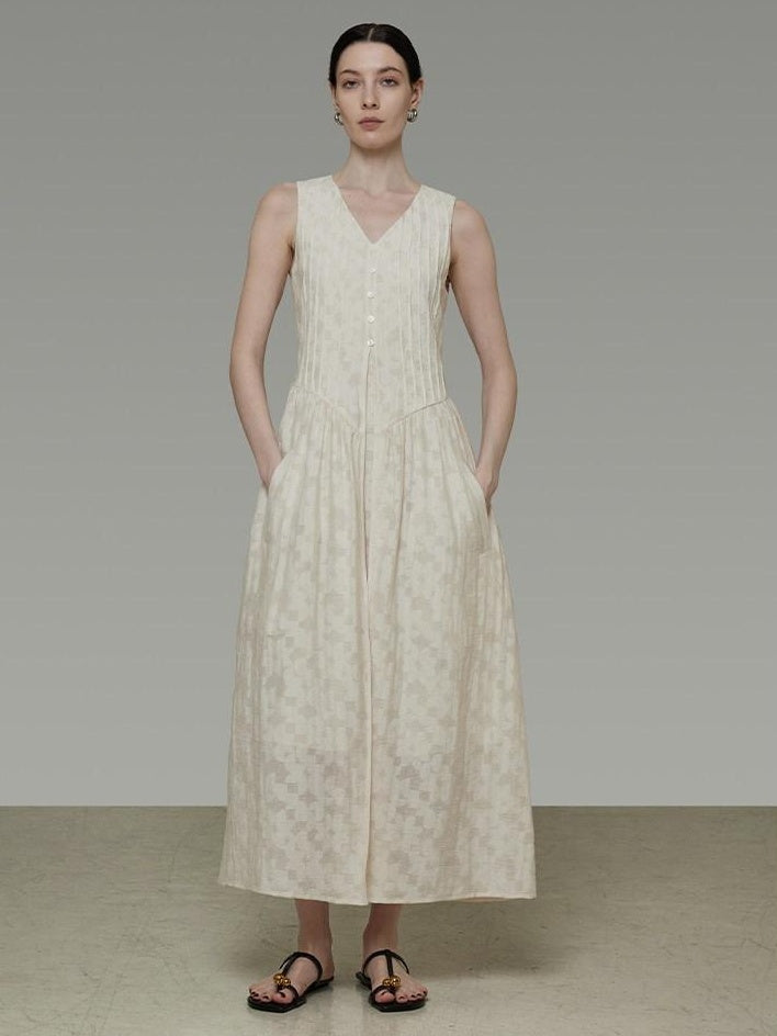 unspoken Elegant Jacquard V-neck High Waist A Line Sleeveless Work Off White Maxi Dresses
