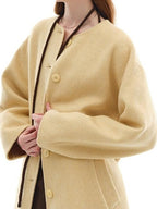 someone sometimes Minimalist Belted Roundneck Single Breasted 50 Percent Wool Yellow Wool Coats