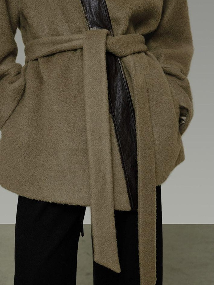 unspoken Minimal Patchwork Loose Fit V-neck Tie Closure Women Commuter Wool Coats