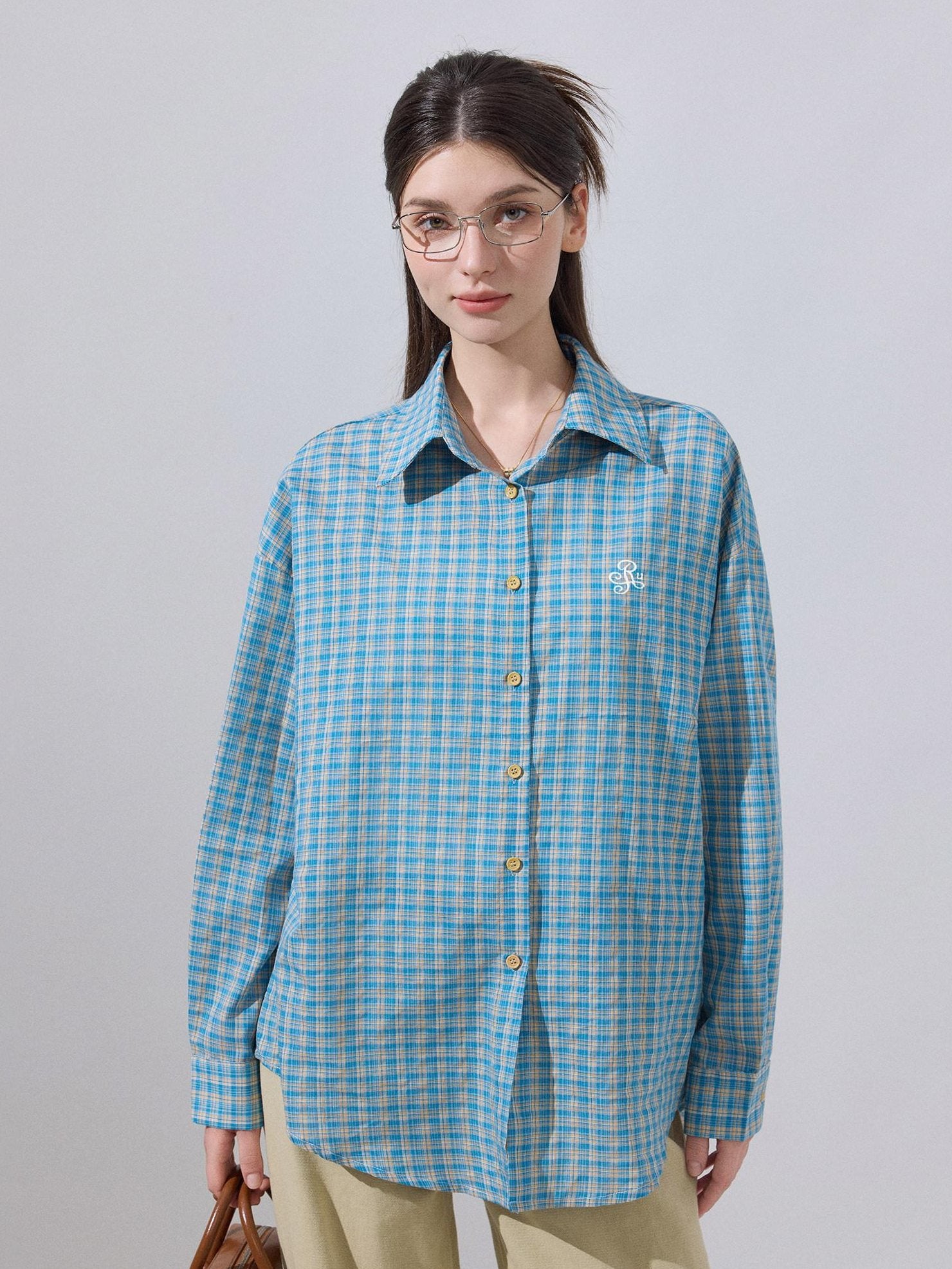 ikyou Embroidered Plaid Breathable Loose Collared Cardigan Button Front Women Shirts