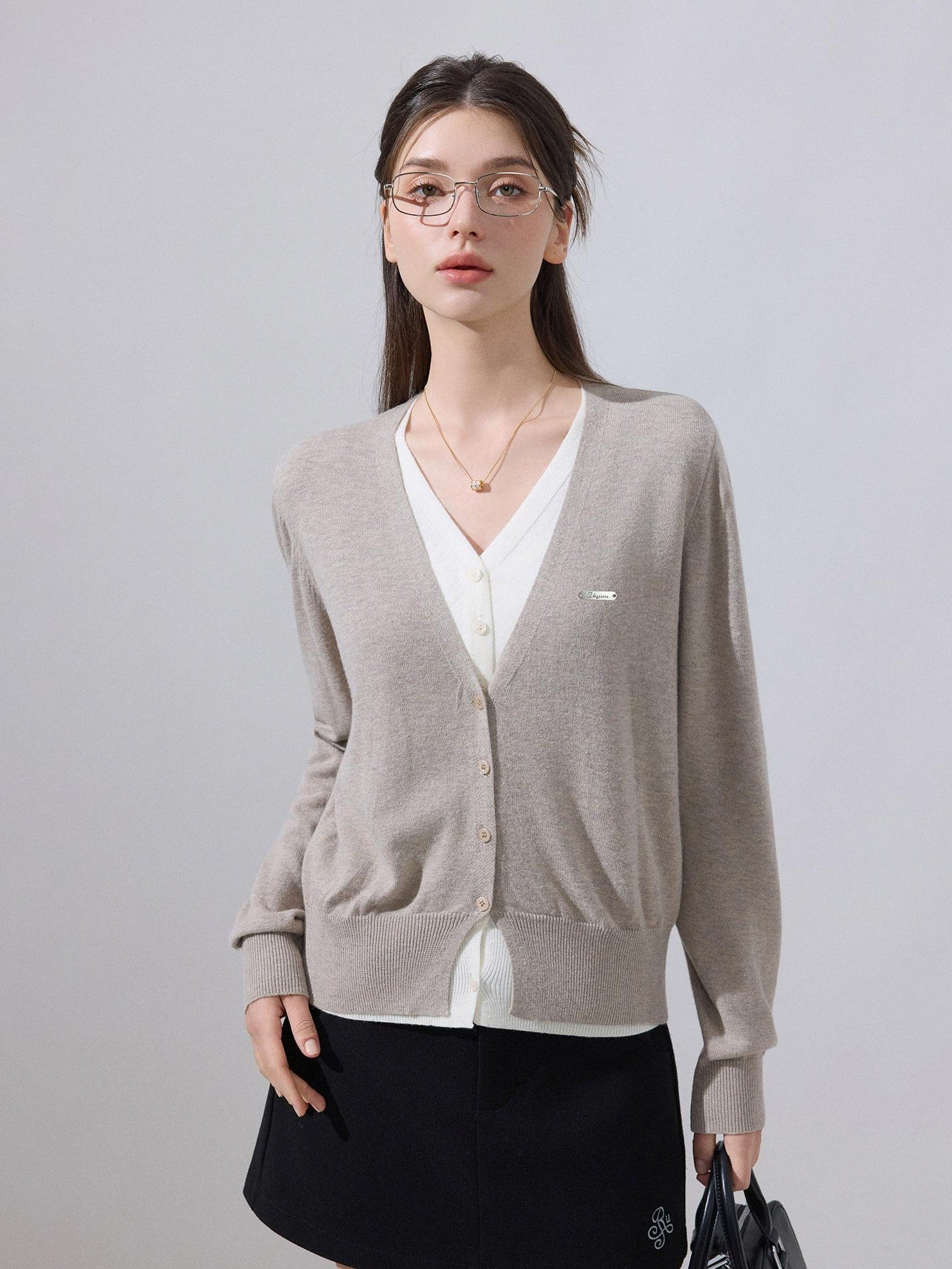 ikyou Soft Wool Blend Preppy V-neck Layered Women Khaki Knit Long Sleeve Cardigans