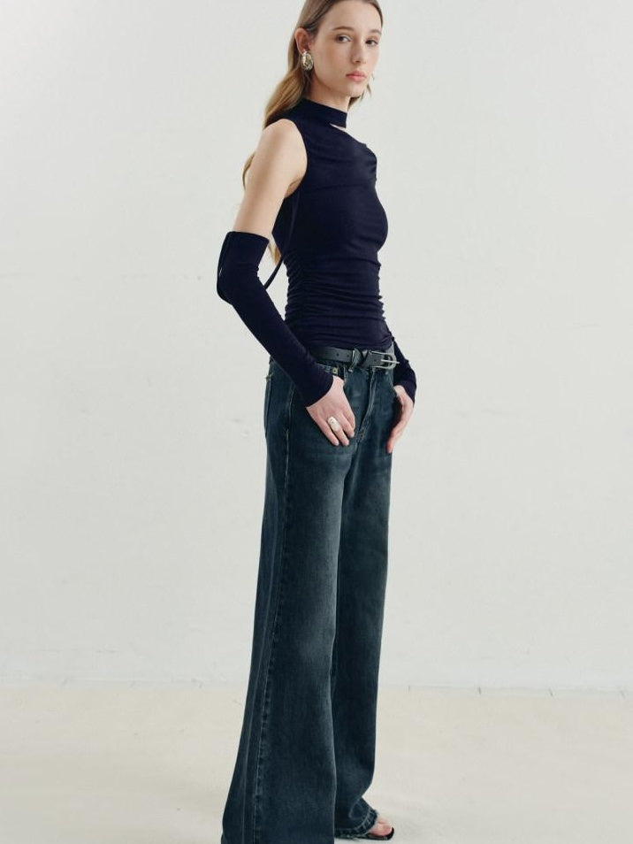 someonesometimes Vintage Washed Low Rise Distressed Denim Stretch Women Deep Indigo Flared Jeans