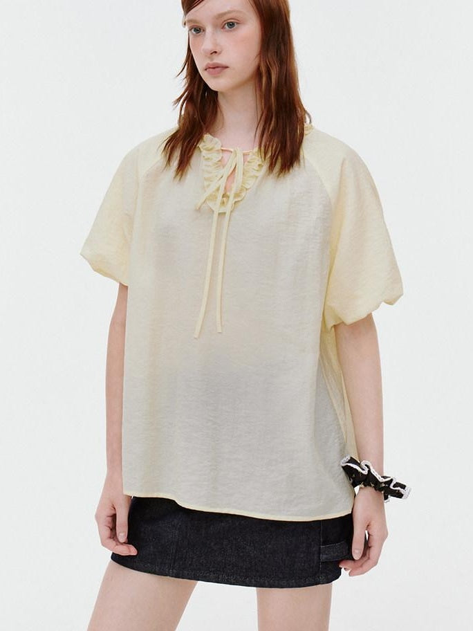 fano Yellow Tie Front Viscose Linen Blend Relaxed Korean Short Sleeve Women Blouses