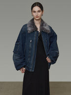 unspoken Warm Cotton Blend Loose Commuter Zipper Fur Collar Blue Gray Denim Jackets