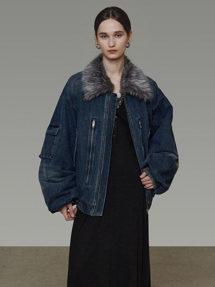 unspoken Warm Cotton Blend Loose Commuter Zipper Fur Collar Blue Gray Denim Jackets