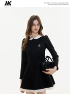 ikyou Elegant Mesh Princess High Waist Doll Collar A Line Black Midi Dresses