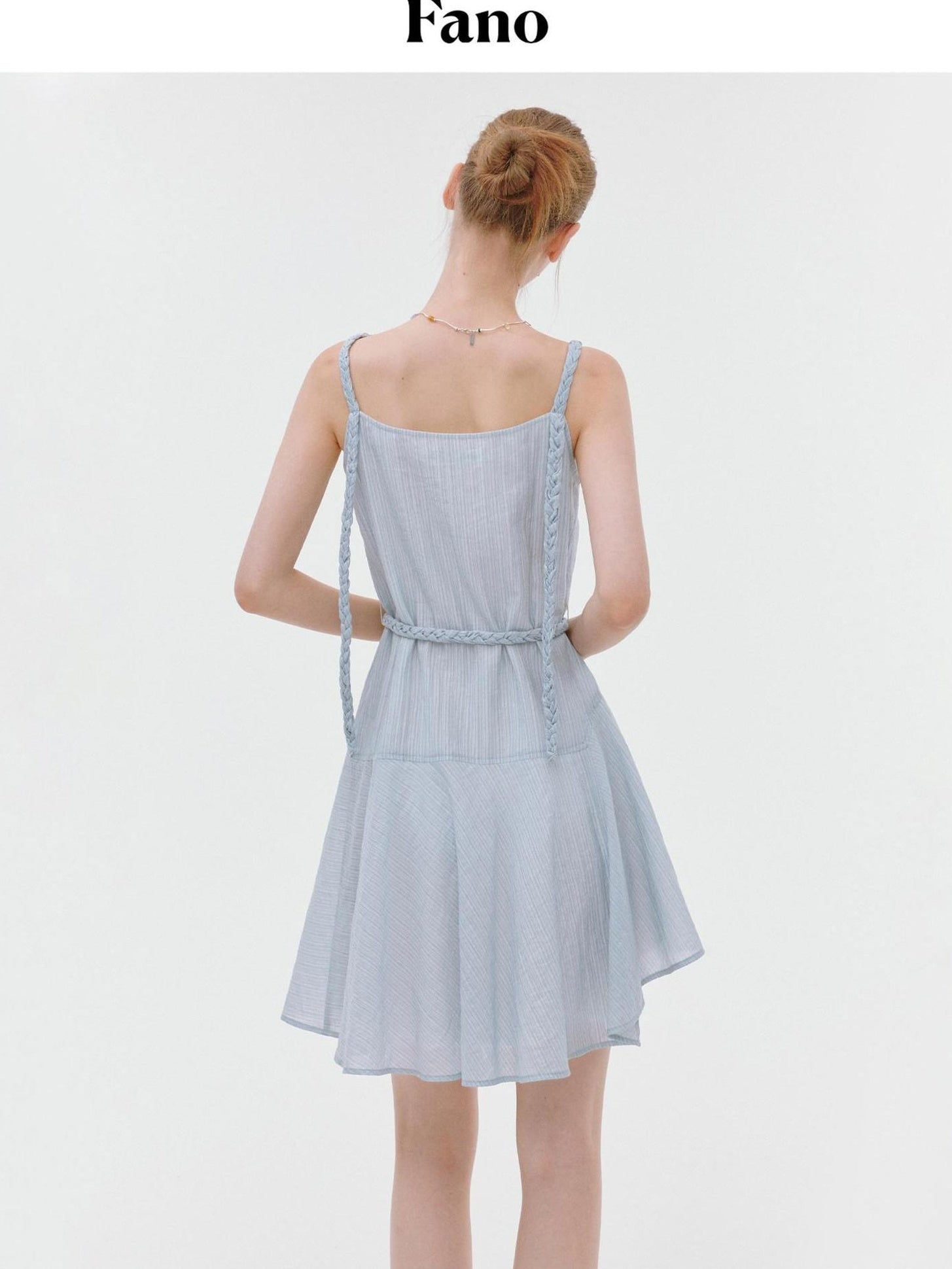 fano Elegant High Waist Aline Sleeveless Tie Waist Lyocell Light Blue Midi Dresses