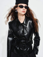 audreyyang Belted Lambskin Slim Fit Short Lapel Long Sleeve Black Genuine Leather Jackets