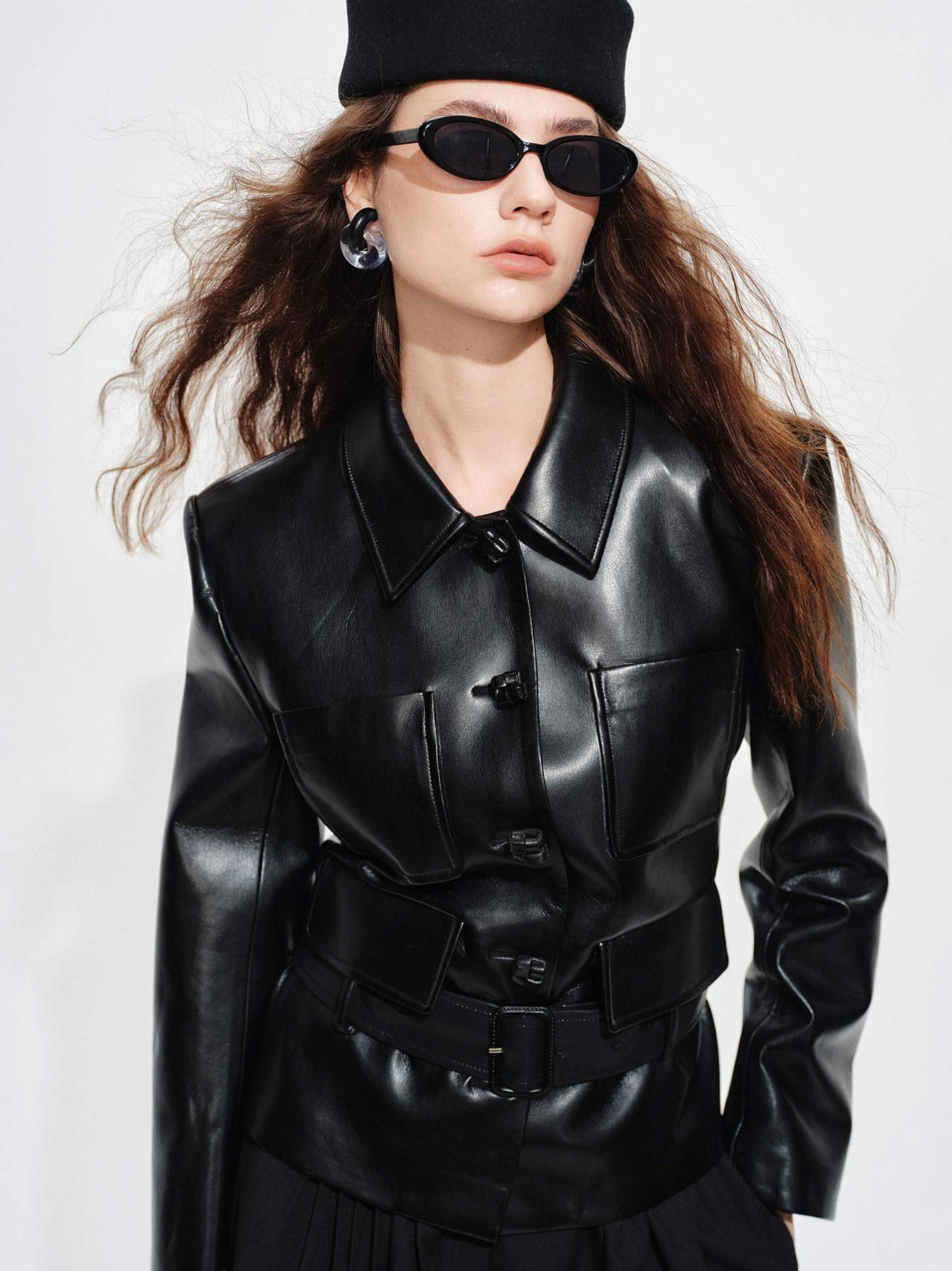 audreyyang Belted Lambskin Slim Fit Short Lapel Long Sleeve Black Genuine Leather Jackets