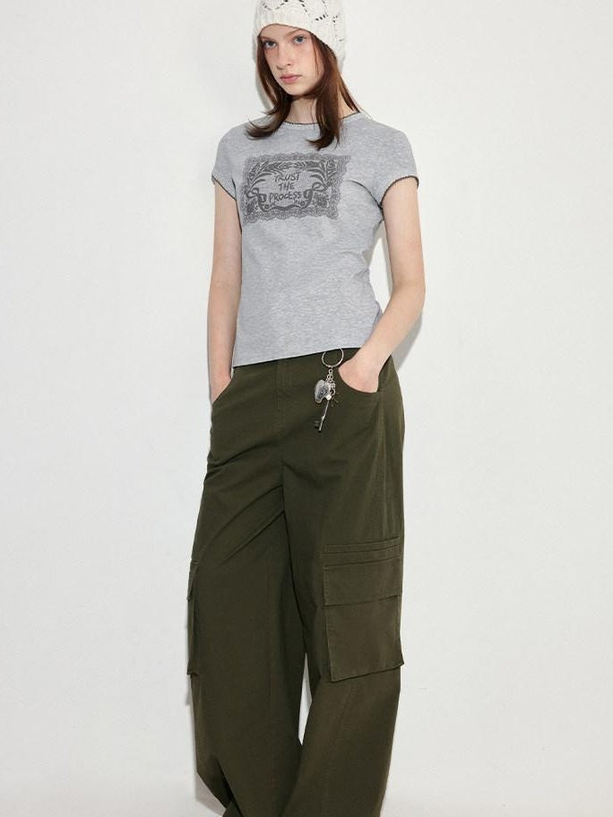 fano Lyocell Blend Heather Gray Printed Slim Korean Crewneck Short Sleeve T-Shirts