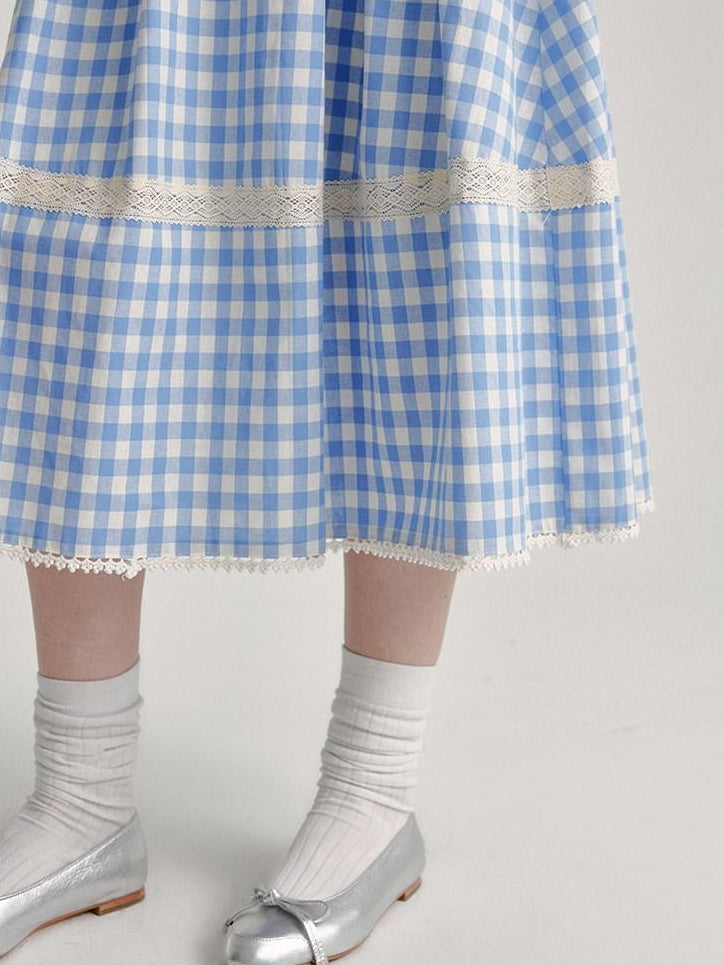 fano 100 Percent Cotton Round Neck Blue White Gingham Top & Skirt Sets