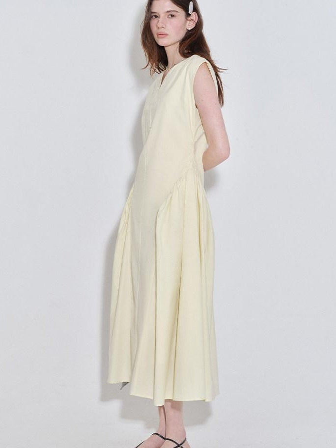 fano Pure Cotton Minimalist V-neck Sleeveless A Line Casual Women Yellow Maxi Dresses