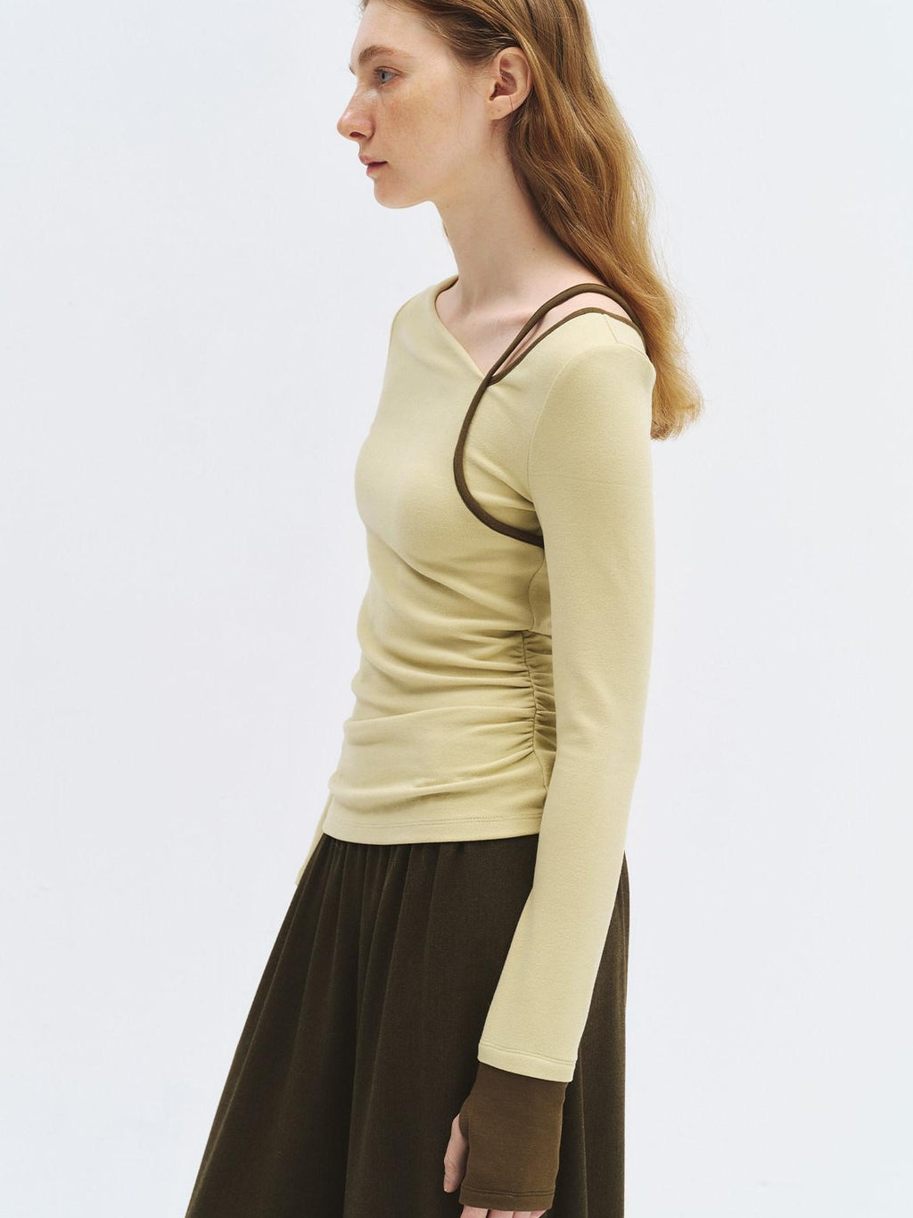 someonesometimes Stretch Casual Slim Asymmetric Neck Women Lemongrass Yellow Long Sleeve T-Shirts