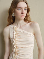 someone sometimes Soft Viscose Blend Slim Fit One Shoulder Beige Stretch Ruching Tank Tops