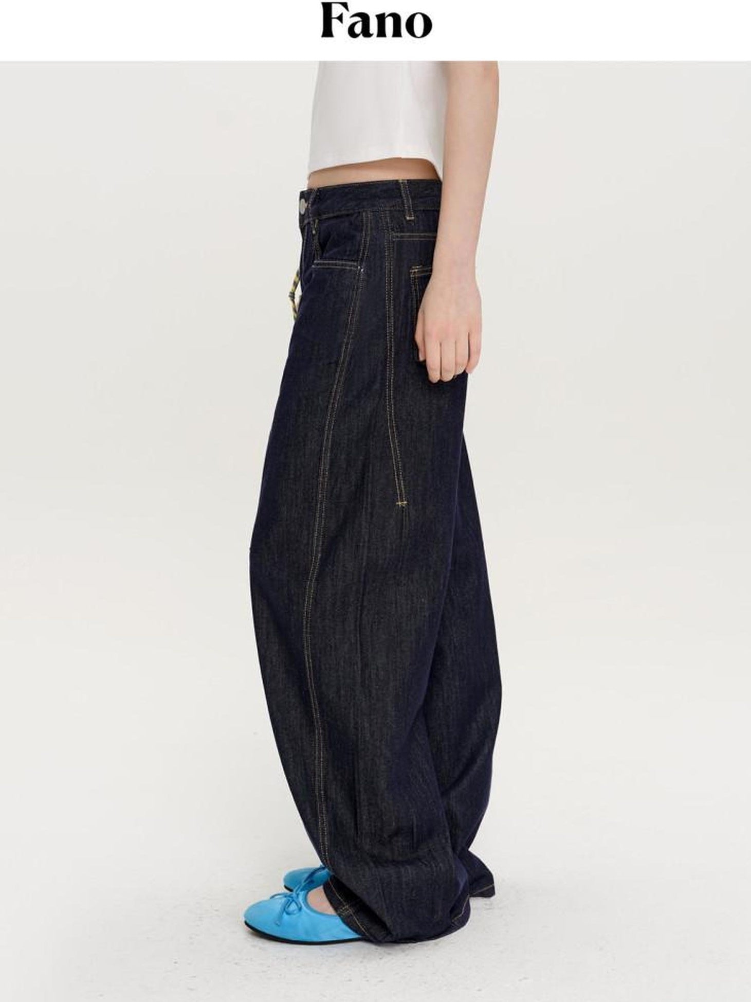 fano Micro Stretch Cotton Relaxed Natural Waist Pear Fit Dark Denim Wide Leg Jeans