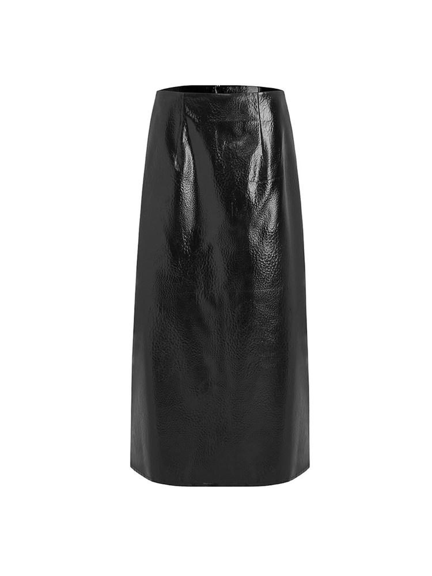 unspoken High Waist Pu Leather A Line Lined Black Commuter Skirt For Women Midi Skirts