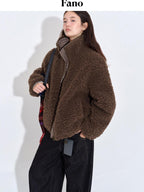 fano Warm Lambswool Plaid Stand Collar Zip Loose Fit Casual Women Brown Short Coat