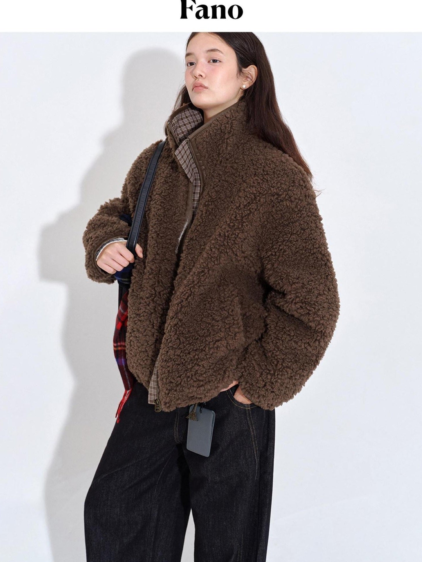 fano Warm Lambswool Plaid Stand Collar Zip Loose Fit Casual Women Brown Short Coat