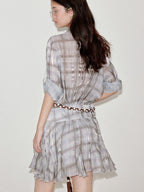 fano Plaid Korean Workwear A Line Natural Waist Mid Sleeve Khaki Midi Dresses