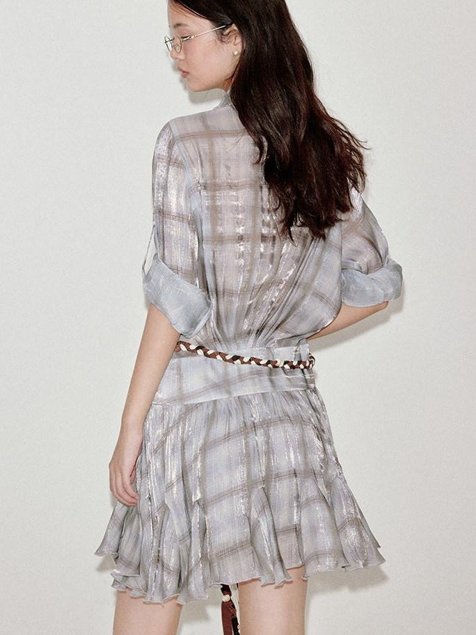 fano Plaid Korean Workwear A Line Natural Waist Mid Sleeve Khaki Midi Dresses