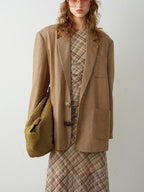 audreyyang Breathable Pure Linen Dot Loose Fit Notched Lapel Women Workwear Gold Blazers