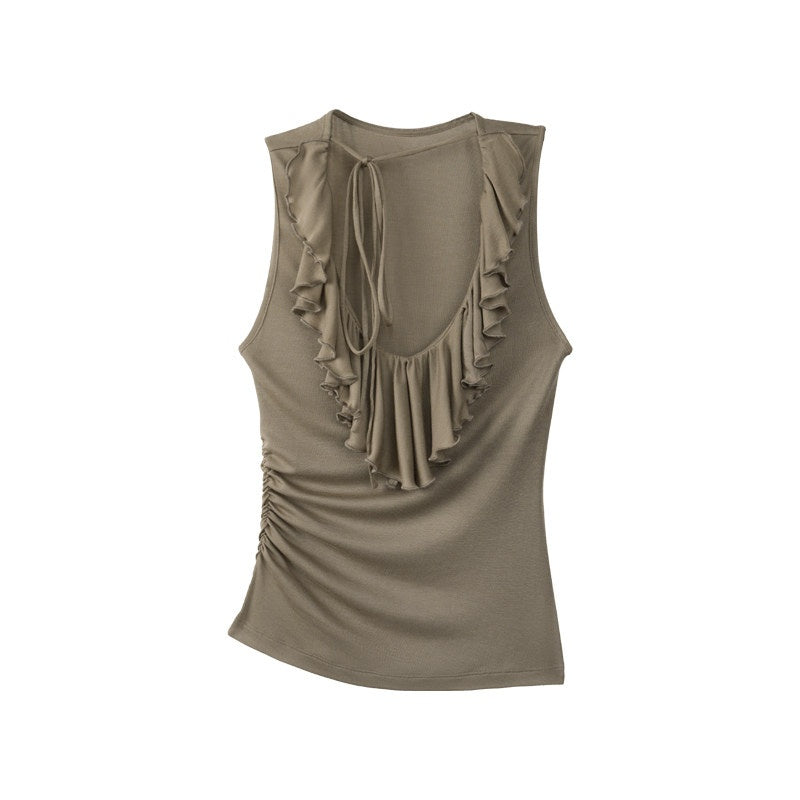 someonesometimes Light Lyocell Slim Ruffle Tie Cami Workwear Women Olive Green Tank Tops