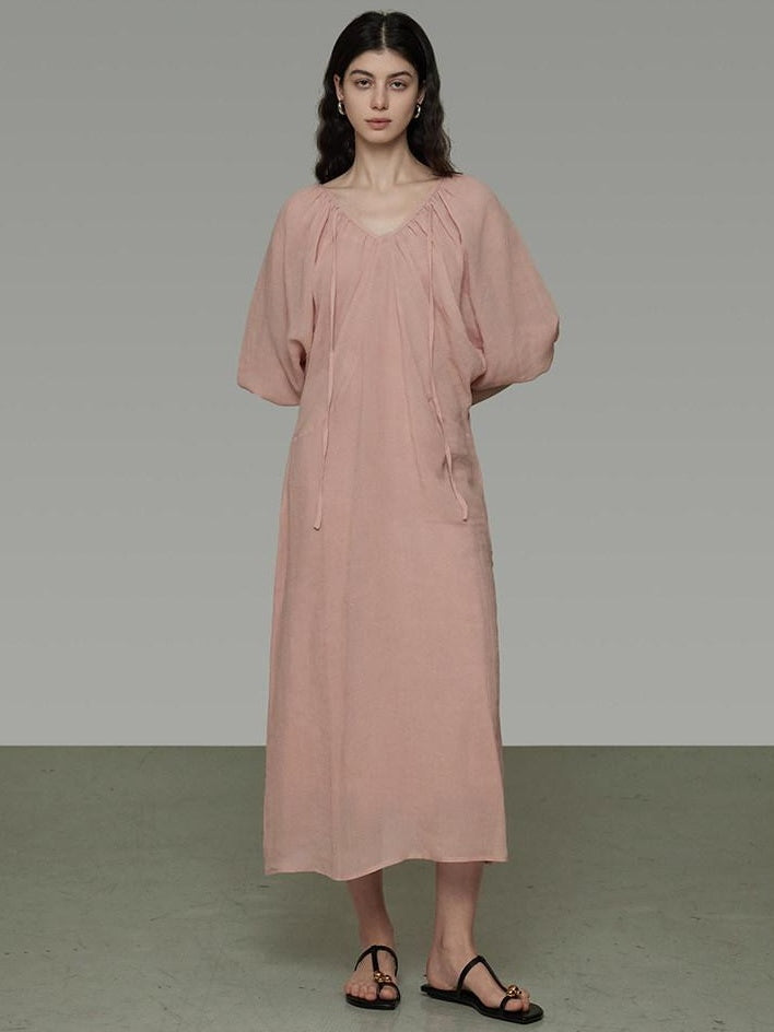 unspoken Breathable Linen Lyocell Blend Minimal A Line V-neck Pleated Women Maxi Dresses
