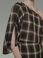 unspoken Breathable Viscose Slim Asymmetric Slant Neck Green Plaid Off Shoulder Crop Tops