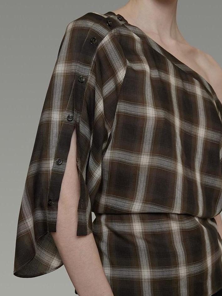unspoken Breathable Viscose Slim Asymmetric Slant Neck Green Plaid Off Shoulder Crop Tops