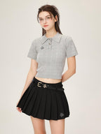 ikyou 3D Embellishment Slim Fit Henley Neck Women Solid Grey Knit Basic Crop Tops