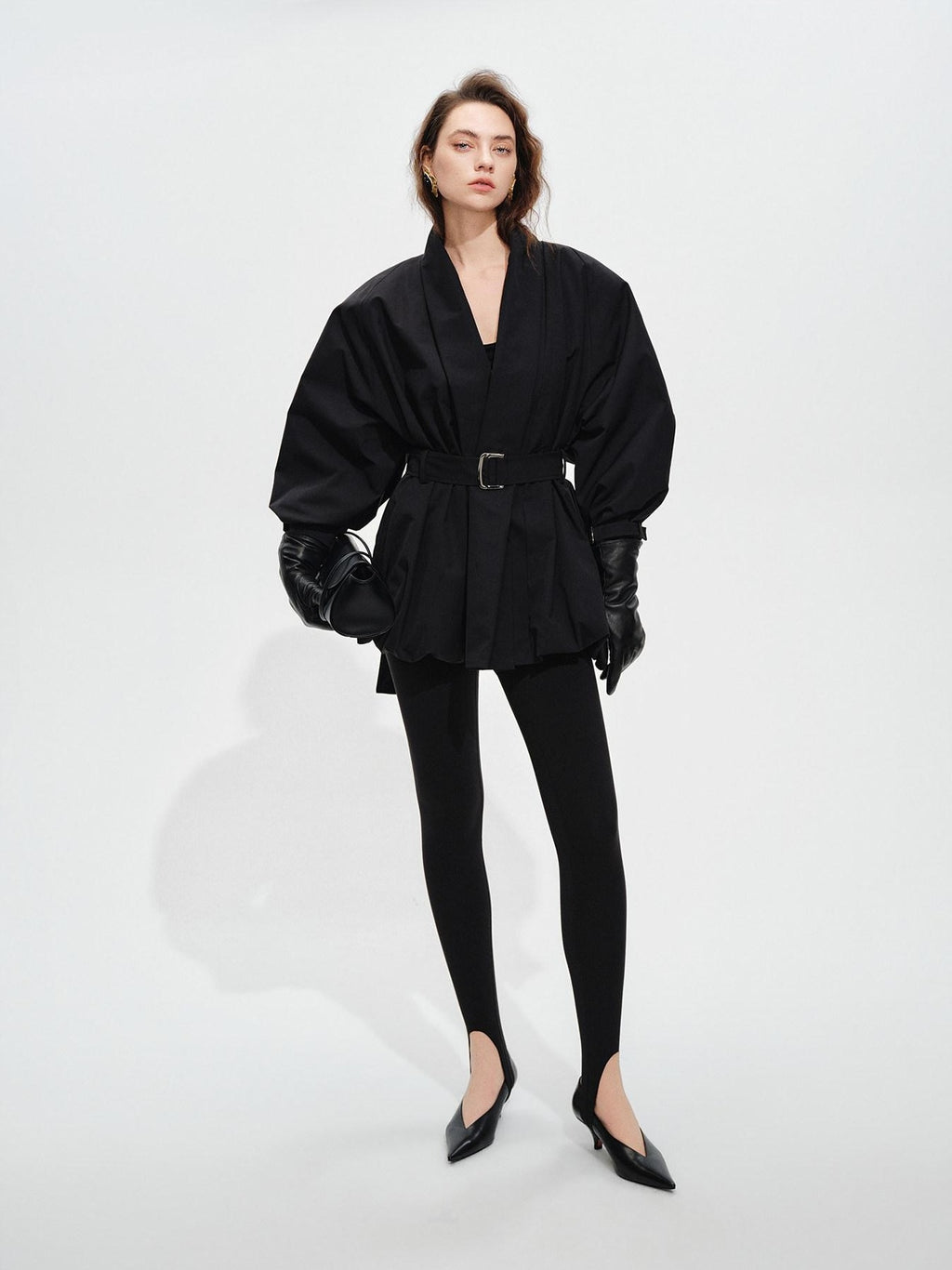 audreyyang Tie Front Vintage Oversized Batwing Sleeve Women Polyester Cropped Jackets