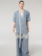 audreyyang Pure Linen Lightweight Relaxed Fit Lace Detail Commuter Women Wide Leg Pants