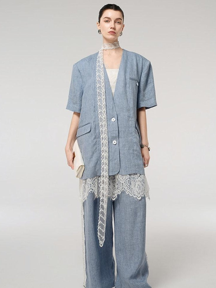 audreyyang Pure Linen Lightweight Relaxed Fit Lace Detail Commuter Women Wide Leg Pants
