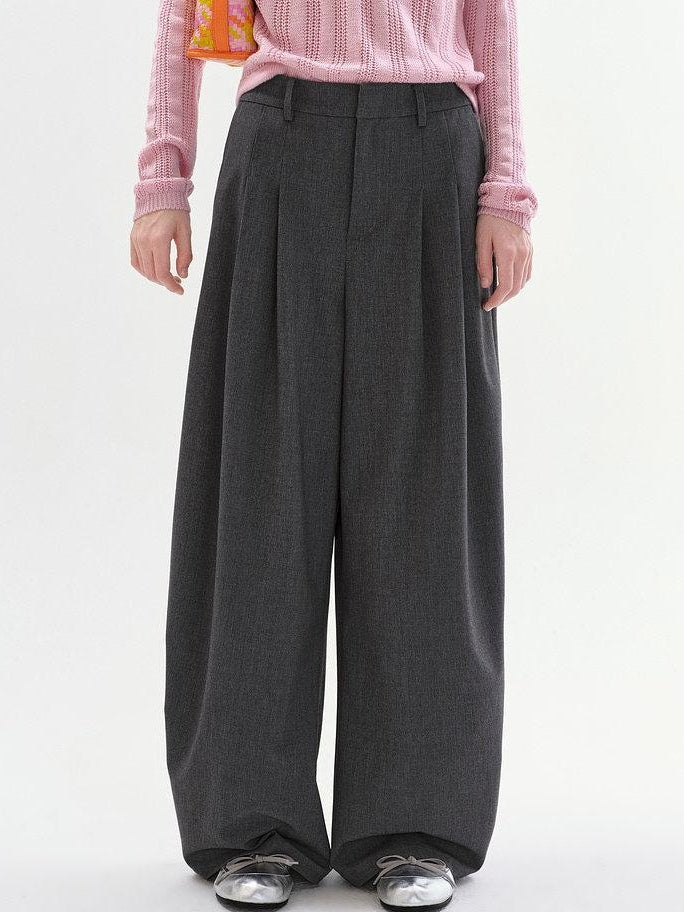 fano Lightweight Mid Rise Minimalist Flowy Young Women Polyester Grey Wide Leg Pants