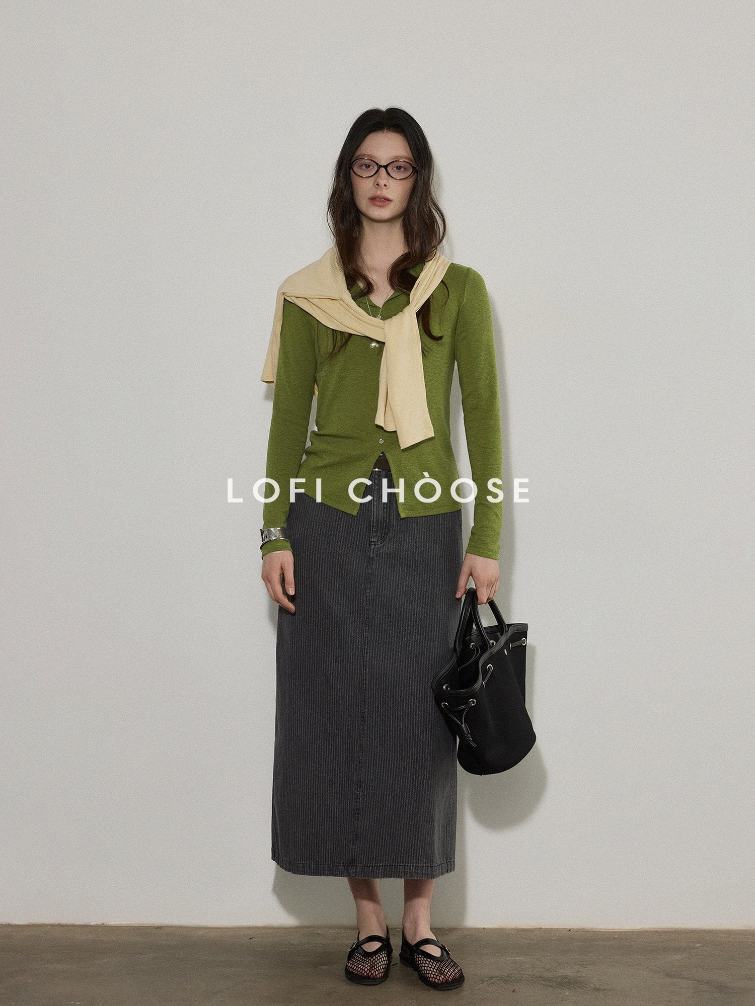 Lofi choose Cotton Stretch V-neck Slim Fit Office Women Yellow Green Long Sleeve T-Shirts