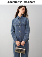 audreyyang 100% Cotton Vintage Loose Fit Button Long Sleeve Denim Women Top & Pants Sets