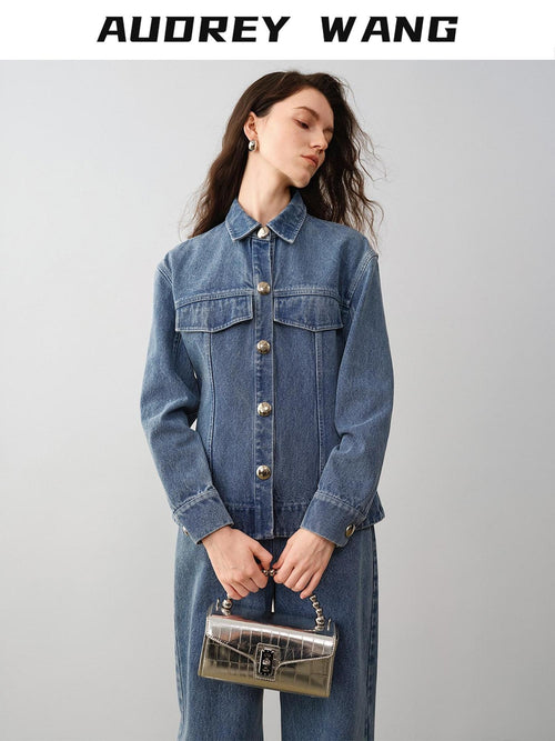audreyyang 100% Cotton Vintage Loose Fit Button Long Sleeve Denim Women Top & Pants Sets