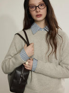 Lofi choose Wool Blend Loose Fit Rolled Hem Commuter Crew Neck Women Light Grey Sweaters